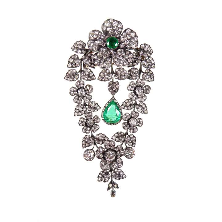 Emerald and diamond flowerhead drop-swag cluster corsage brooch